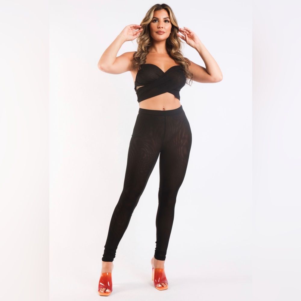 Mesh Contrast Sets Casual Sports Strappy Sleeve Top & Leggings